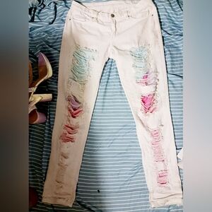 White Distressed Jeans with Multicolor Accents
